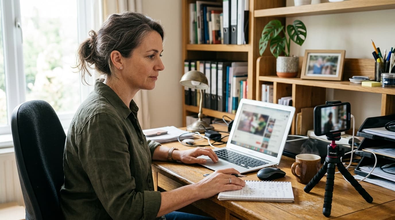 Small business owner at a home office desk reviewing short video clips on a laptop next to a phone on a tripod